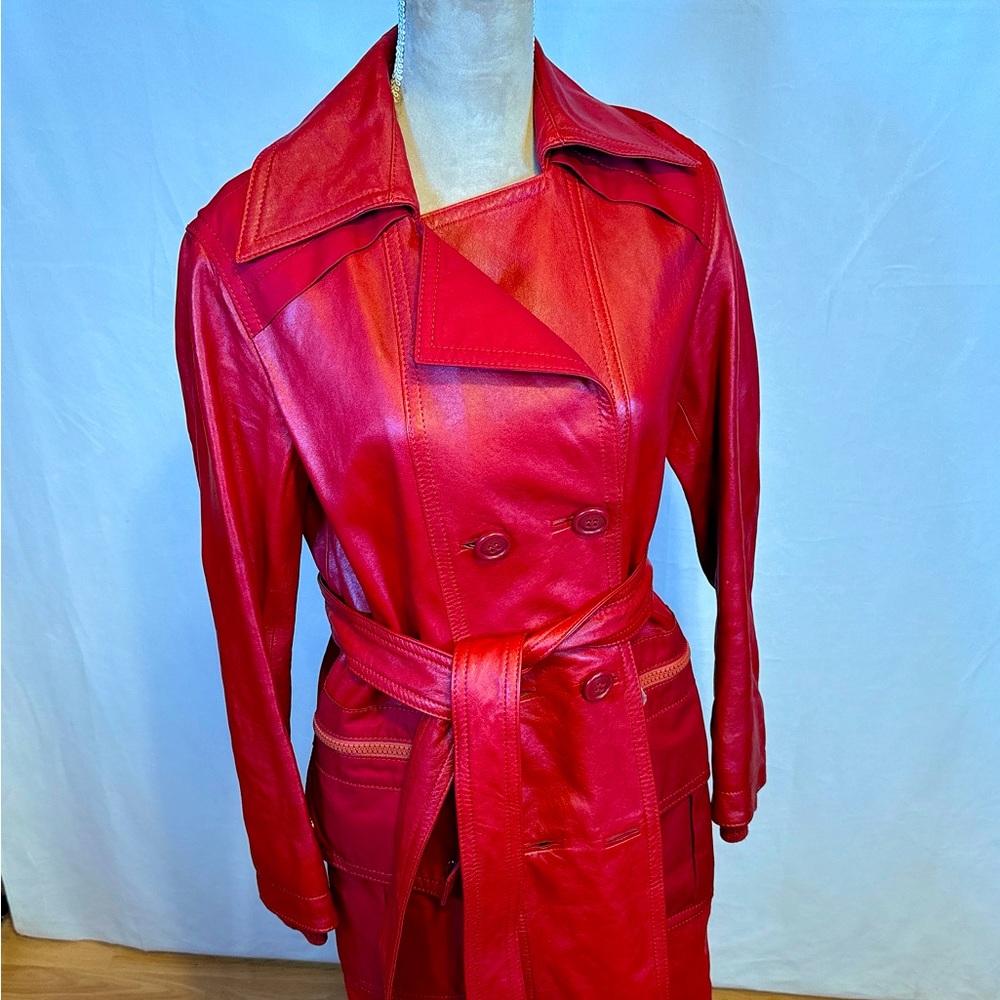 Coach Leather Red Women’s Coat Double Breasted with Hoodie Made in Italy